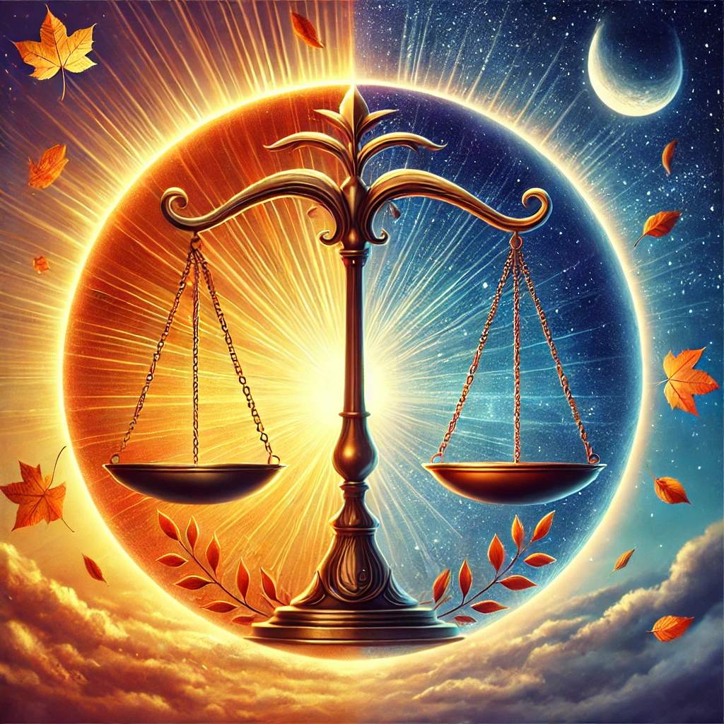 DALL·E 2024 09 22 21.11.55 An artistic representation of balance during the Equinox. The image shows a perfectly balanced scale with one side glowing in warm tones of orange an